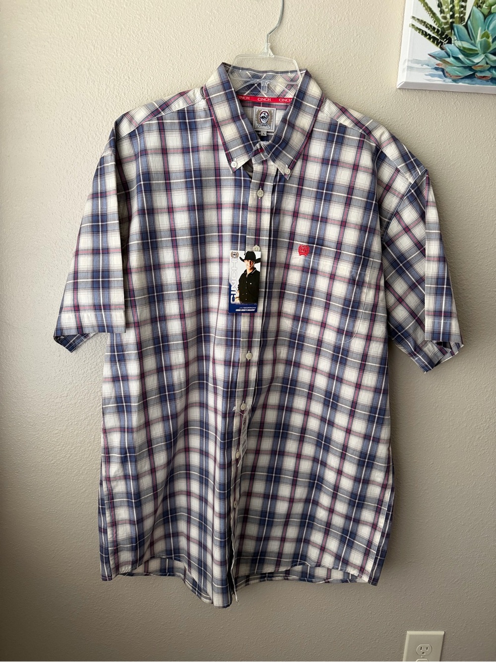 Men's Cinch Short Sleeve Button Front Shirt Size Large NWT 100% Cotton Plaid